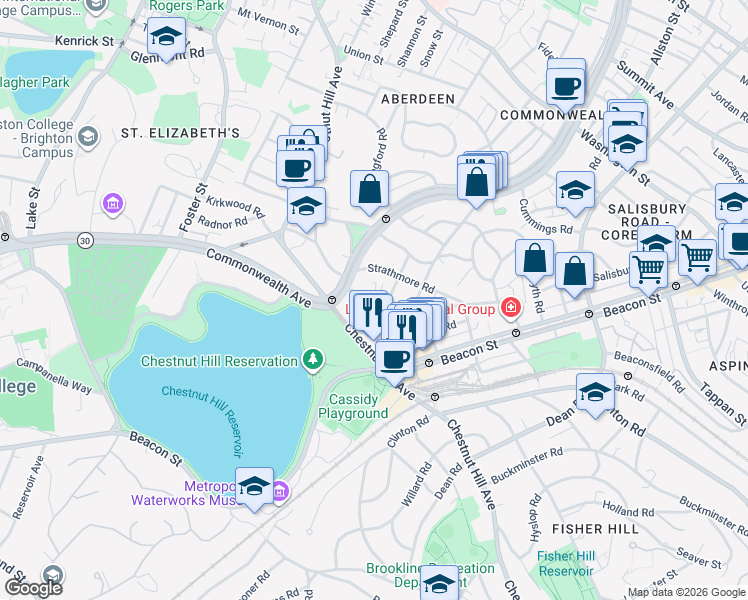 map of restaurants, bars, coffee shops, grocery stores, and more near 19 Braemore Road in Boston