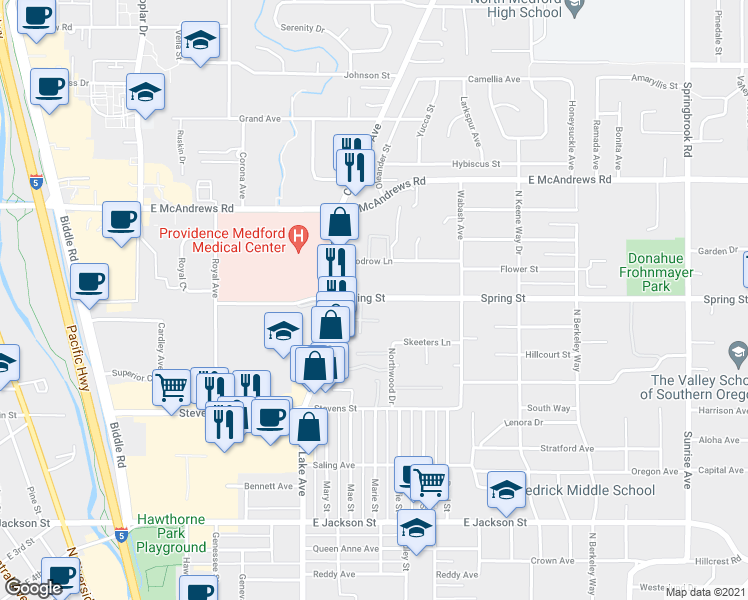 map of restaurants, bars, coffee shops, grocery stores, and more near 1096 Spring Street in Medford