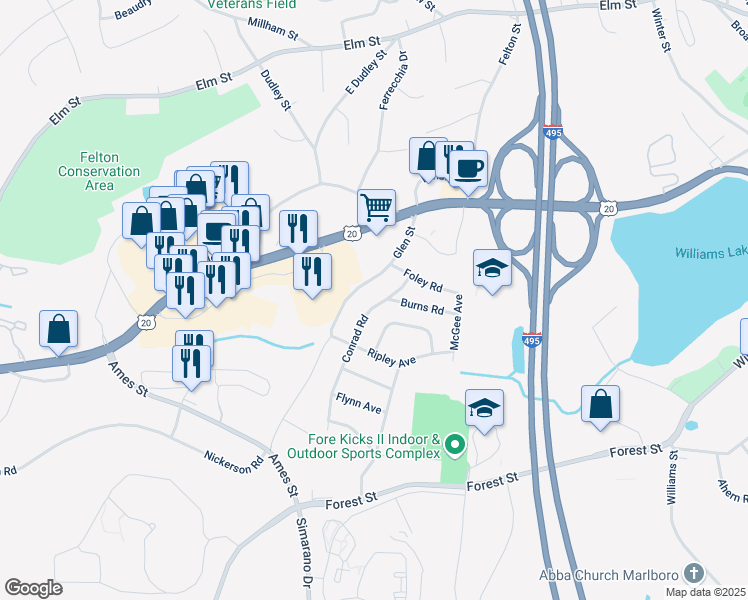 map of restaurants, bars, coffee shops, grocery stores, and more near 43 Conrad Road in Marlborough