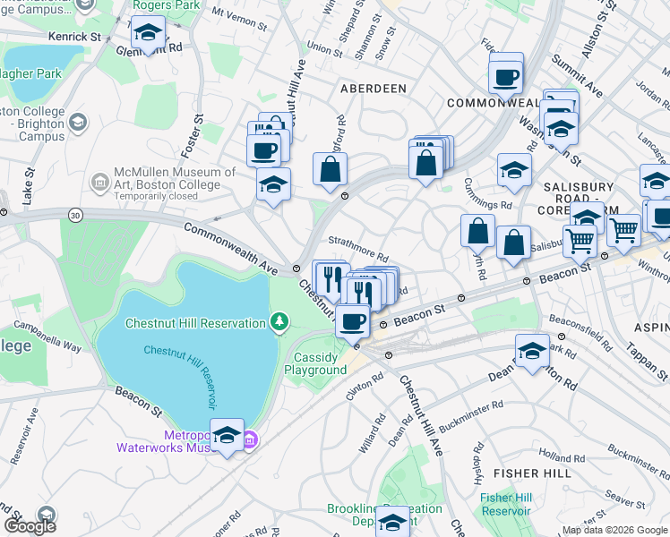 map of restaurants, bars, coffee shops, grocery stores, and more near 4 Chiswick Road in Boston