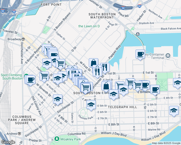 map of restaurants, bars, coffee shops, grocery stores, and more near 99 Dresser Street in Boston