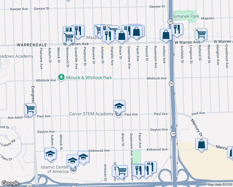 map of restaurants, bars, coffee shops, grocery stores, and more near 6403 Brace Street in Detroit