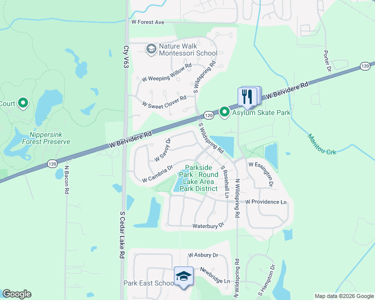 map of restaurants, bars, coffee shops, grocery stores, and more near 375 West Cambria Drive in Round Lake