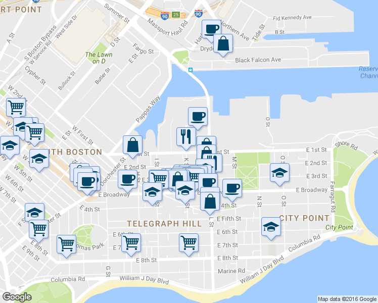 map of restaurants, bars, coffee shops, grocery stores, and more near 564 East 1st Street in Boston