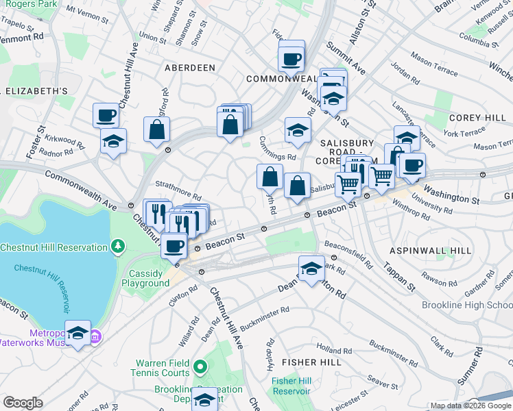 map of restaurants, bars, coffee shops, grocery stores, and more near in Brookline