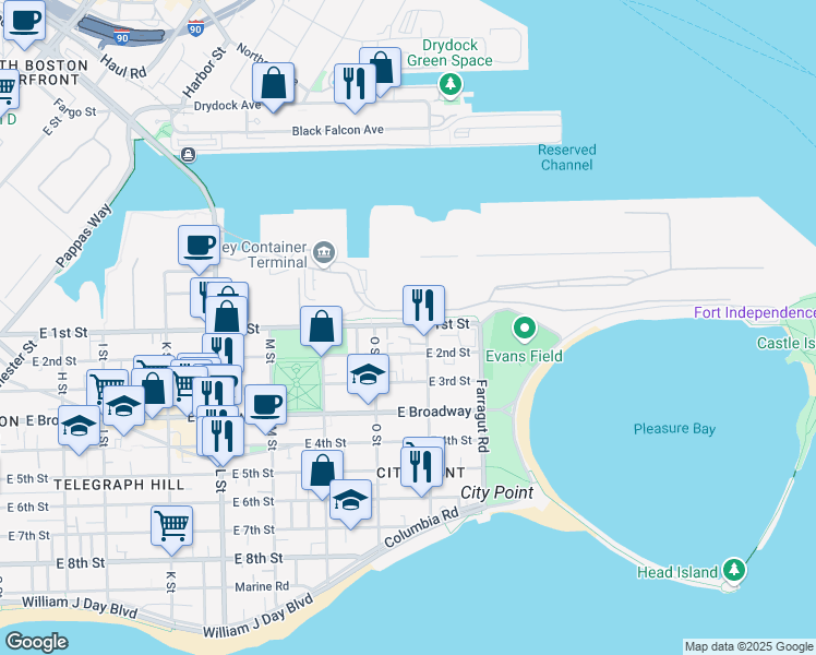 map of restaurants, bars, coffee shops, grocery stores, and more near 880 East 2nd Street in Boston