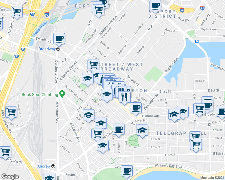 map of restaurants, bars, coffee shops, grocery stores, and more near in Boston