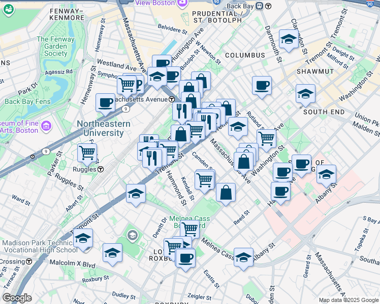 map of restaurants, bars, coffee shops, grocery stores, and more near 91 Lenox Street in Boston
