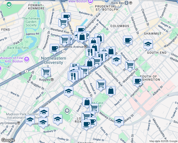 map of restaurants, bars, coffee shops, grocery stores, and more near in Boston