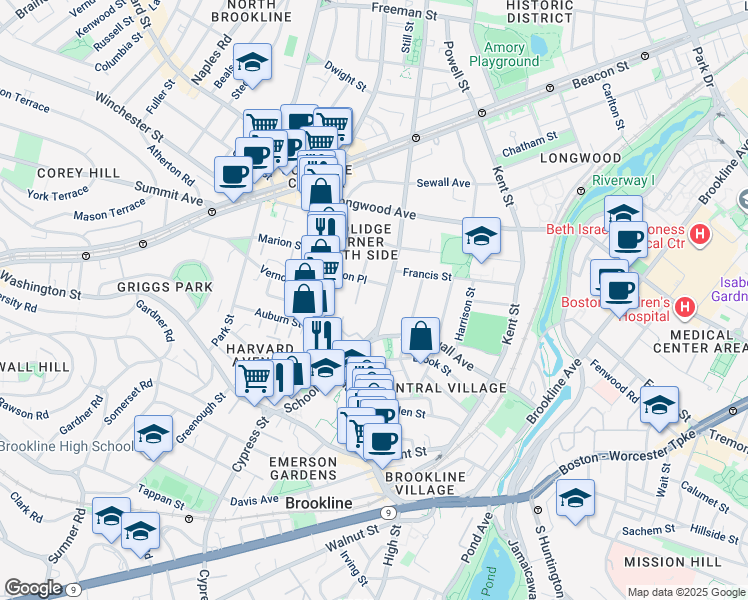 map of restaurants, bars, coffee shops, grocery stores, and more near 4 Saint Paul Street in Brookline
