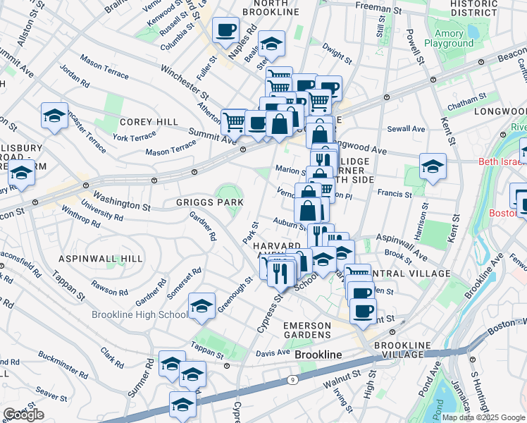 map of restaurants, bars, coffee shops, grocery stores, and more near 9 Auburn Place in Brookline