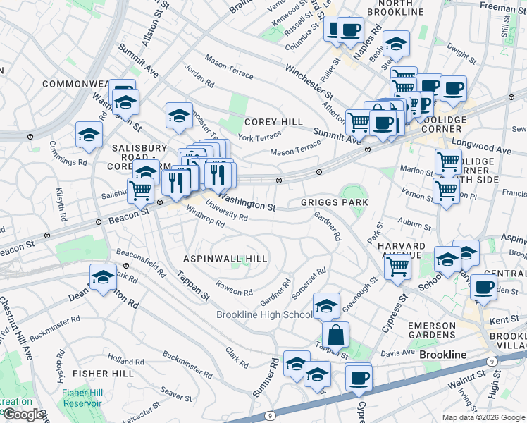 map of restaurants, bars, coffee shops, grocery stores, and more near 107 University Road in Brookline