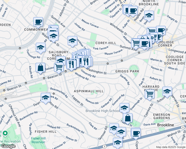 map of restaurants, bars, coffee shops, grocery stores, and more near 119 Winthrop Road in Brookline
