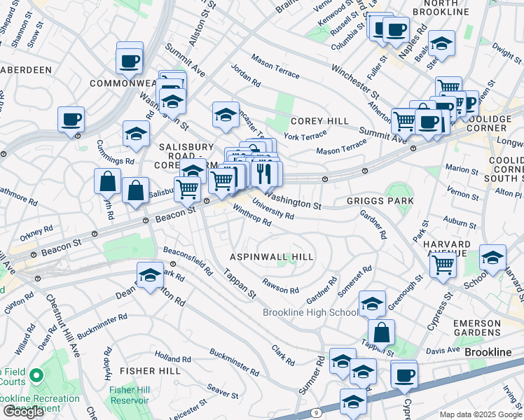 map of restaurants, bars, coffee shops, grocery stores, and more near 148 Winthrop Road in Brookline