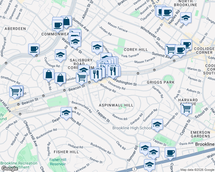 map of restaurants, bars, coffee shops, grocery stores, and more near 10 Claflin Road in Brookline