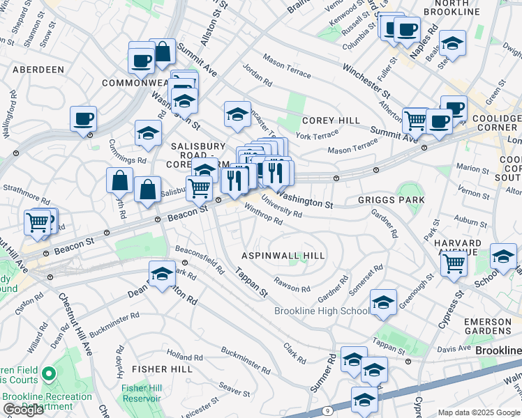 map of restaurants, bars, coffee shops, grocery stores, and more near 10 Claflin Road in Brookline