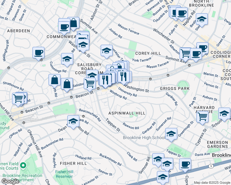 map of restaurants, bars, coffee shops, grocery stores, and more near 10 Claflin Road in Brookline