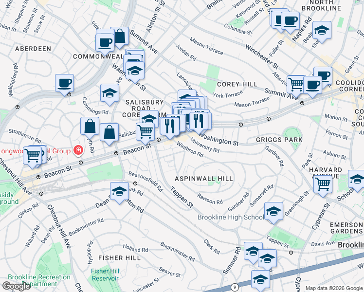 map of restaurants, bars, coffee shops, grocery stores, and more near 10 Claflin Road in Brookline