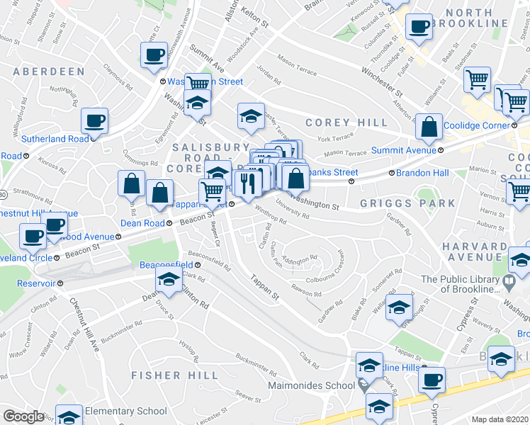 map of restaurants, bars, coffee shops, grocery stores, and more near in Brookline