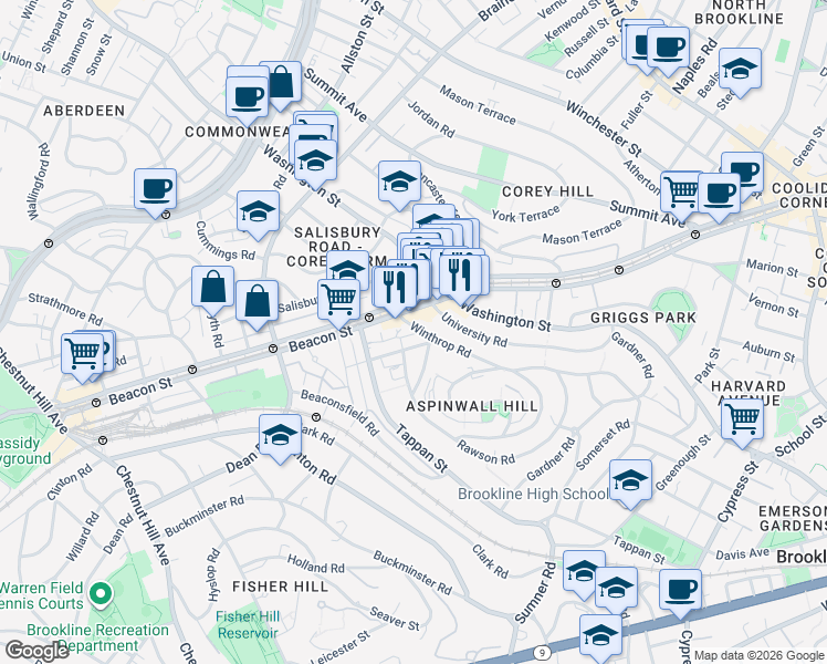 map of restaurants, bars, coffee shops, grocery stores, and more near 10 Claflin Road in Brookline