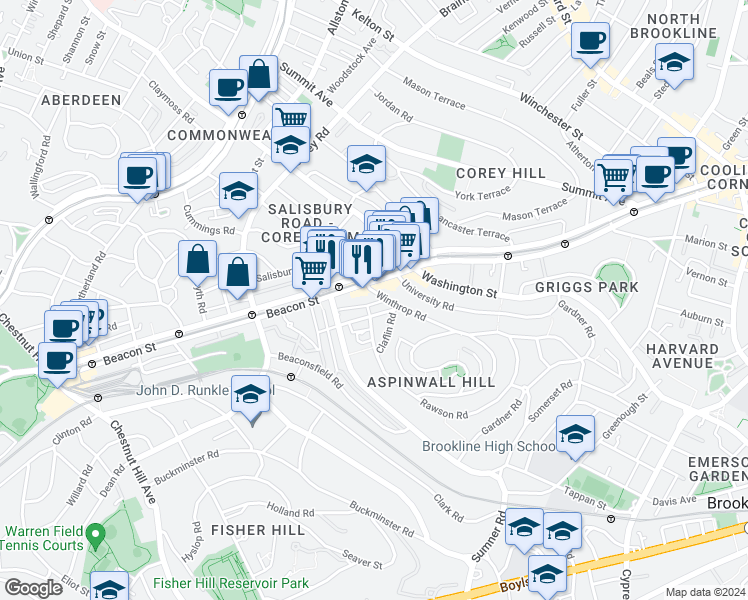 map of restaurants, bars, coffee shops, grocery stores, and more near 38 Garrison Road in Brookline
