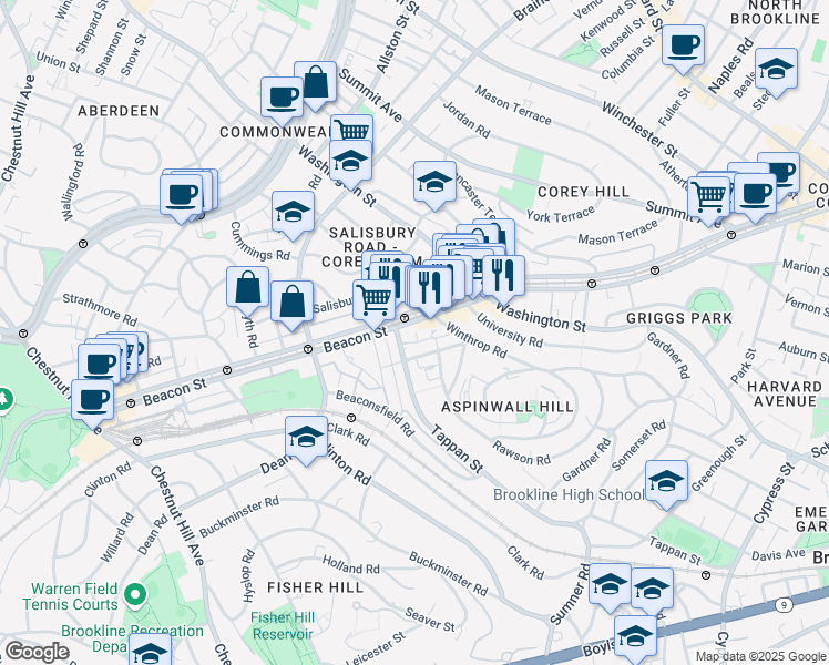 map of restaurants, bars, coffee shops, grocery stores, and more near 38 Garrison Road in Brookline