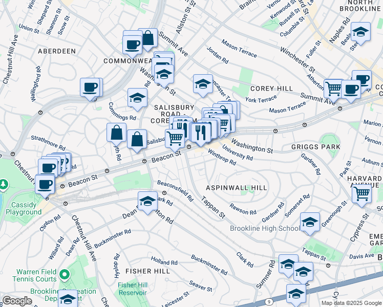 map of restaurants, bars, coffee shops, grocery stores, and more near 38 Garrison Road in Brookline