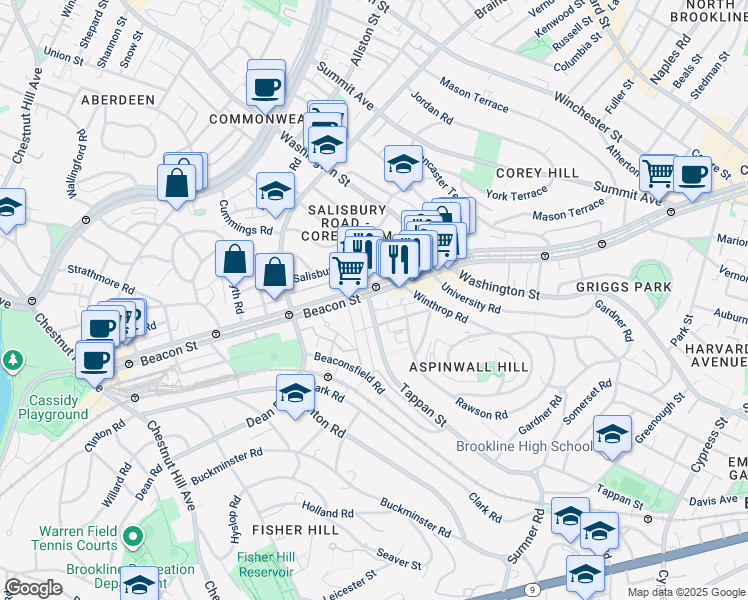 map of restaurants, bars, coffee shops, grocery stores, and more near in Brookline
