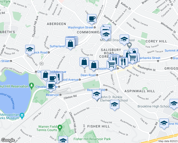 map of restaurants, bars, coffee shops, grocery stores, and more near 1804 Beacon Street in Brookline