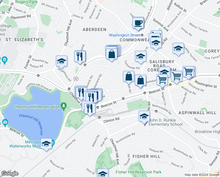 map of restaurants, bars, coffee shops, grocery stores, and more near 1 Reservoir Court in Brookline