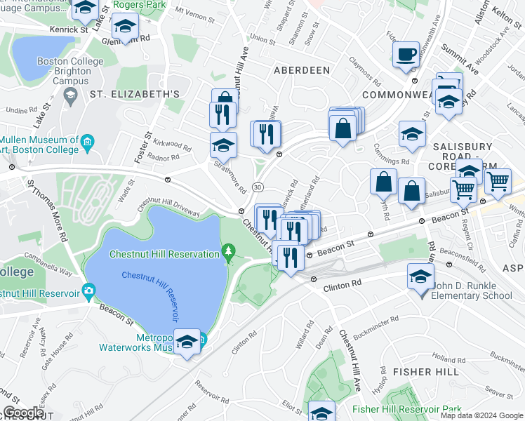 map of restaurants, bars, coffee shops, grocery stores, and more near in Boston