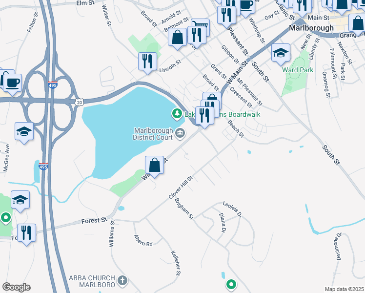 map of restaurants, bars, coffee shops, grocery stores, and more near 20 Robin Drive in Marlborough