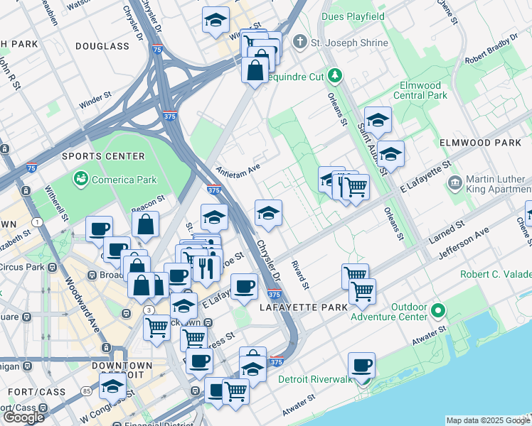 map of restaurants, bars, coffee shops, grocery stores, and more near 1311 Joliet Place in Detroit