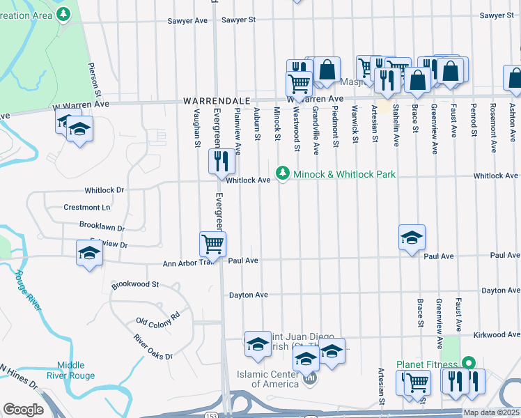 map of restaurants, bars, coffee shops, grocery stores, and more near 6409 Minock Street in Detroit