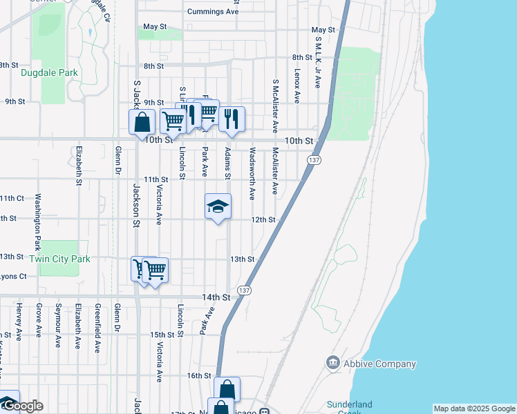 map of restaurants, bars, coffee shops, grocery stores, and more near 509 12th Street in North Chicago