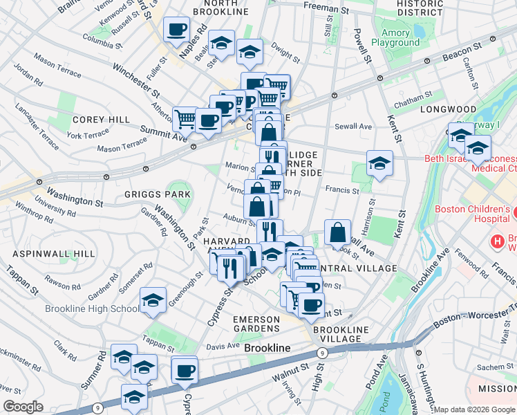 map of restaurants, bars, coffee shops, grocery stores, and more near 137 Harvard Street in Brookline