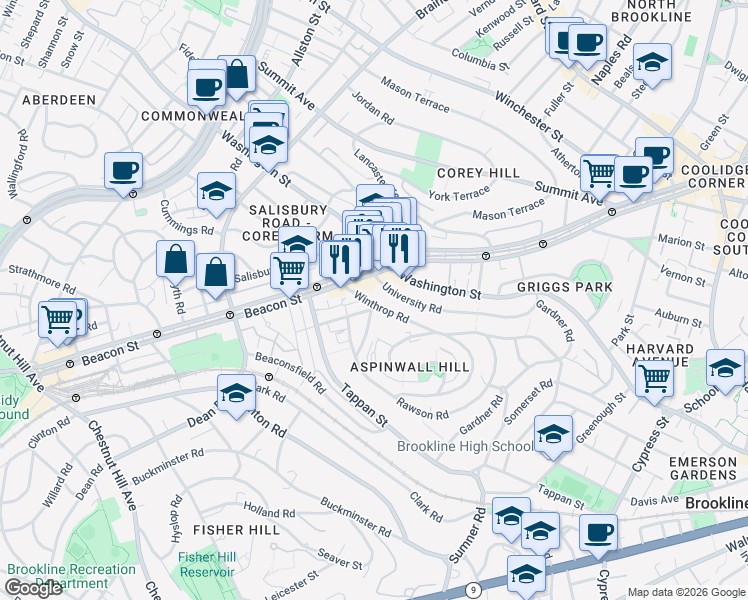 map of restaurants, bars, coffee shops, grocery stores, and more near 10 Claflin Road in Brookline