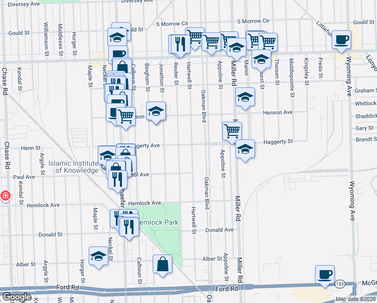 map of restaurants, bars, coffee shops, grocery stores, and more near 6426 Hartwell Street in Dearborn