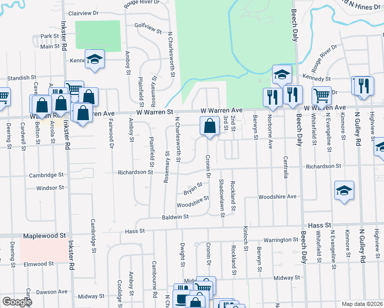 map of restaurants, bars, coffee shops, grocery stores, and more near 26520 Richardson Street in Dearborn Heights