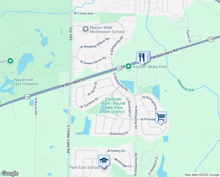 map of restaurants, bars, coffee shops, grocery stores, and more near 375 West Cambria Drive in Round Lake