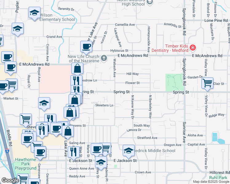 map of restaurants, bars, coffee shops, grocery stores, and more near 1300 Spring Street in Medford