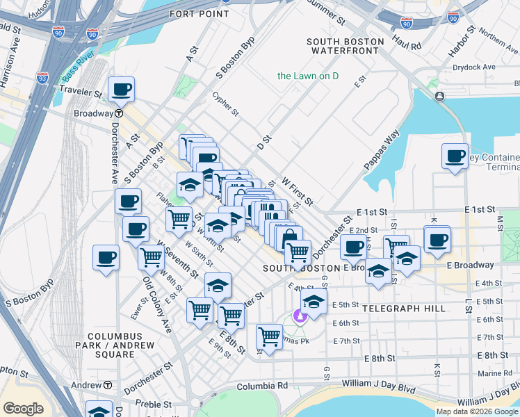 map of restaurants, bars, coffee shops, grocery stores, and more near in Boston
