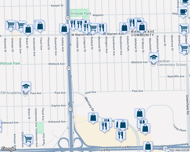 map of restaurants, bars, coffee shops, grocery stores, and more near 6391 Memorial Street in Detroit