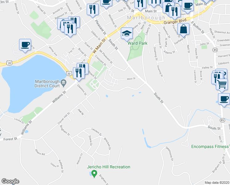 map of restaurants, bars, coffee shops, grocery stores, and more near 113 Beach Street in Marlborough