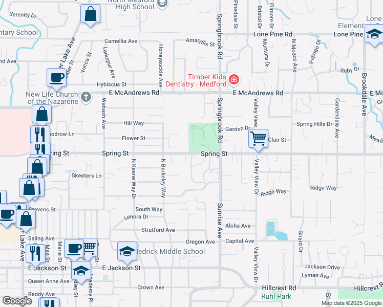 map of restaurants, bars, coffee shops, grocery stores, and more near 1599 Spring Street in Medford