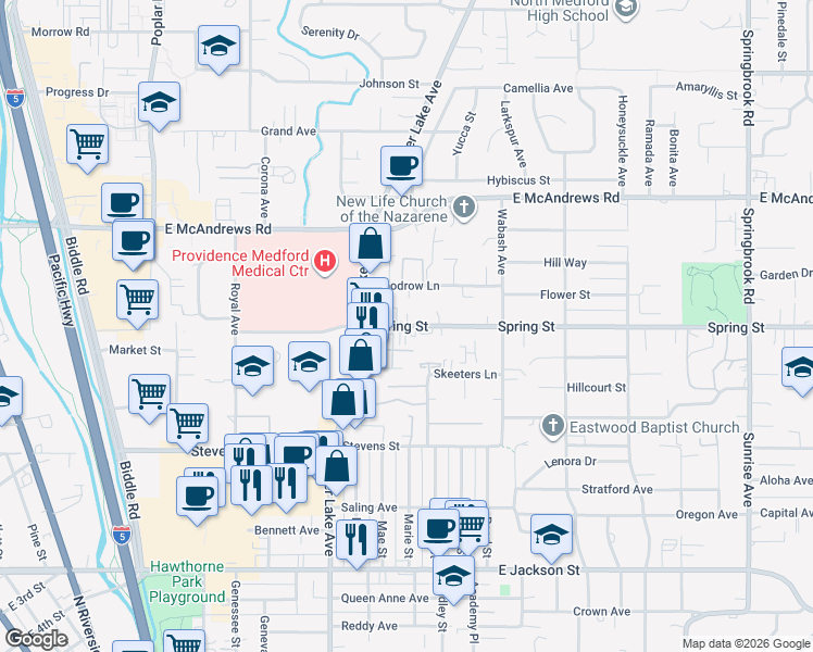 map of restaurants, bars, coffee shops, grocery stores, and more near 1092 Spring Street in Medford