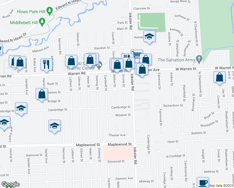 map of restaurants, bars, coffee shops, grocery stores, and more near 6924 Belton Street in Garden City