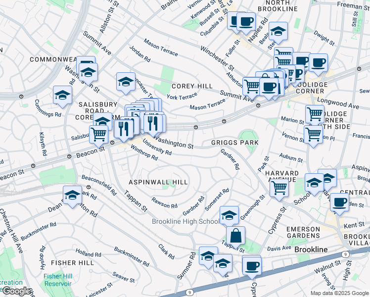 map of restaurants, bars, coffee shops, grocery stores, and more near 636 Washington Street in Brookline