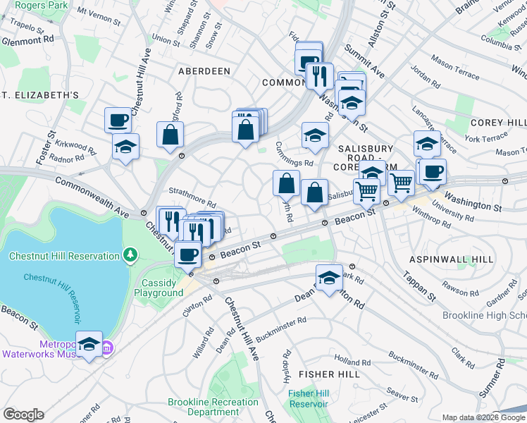 map of restaurants, bars, coffee shops, grocery stores, and more near 1 Lanark Road in Brookline