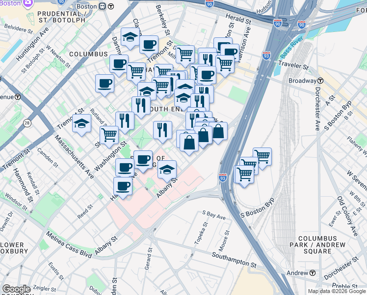 map of restaurants, bars, coffee shops, grocery stores, and more near 89 East Dedham Street in Boston